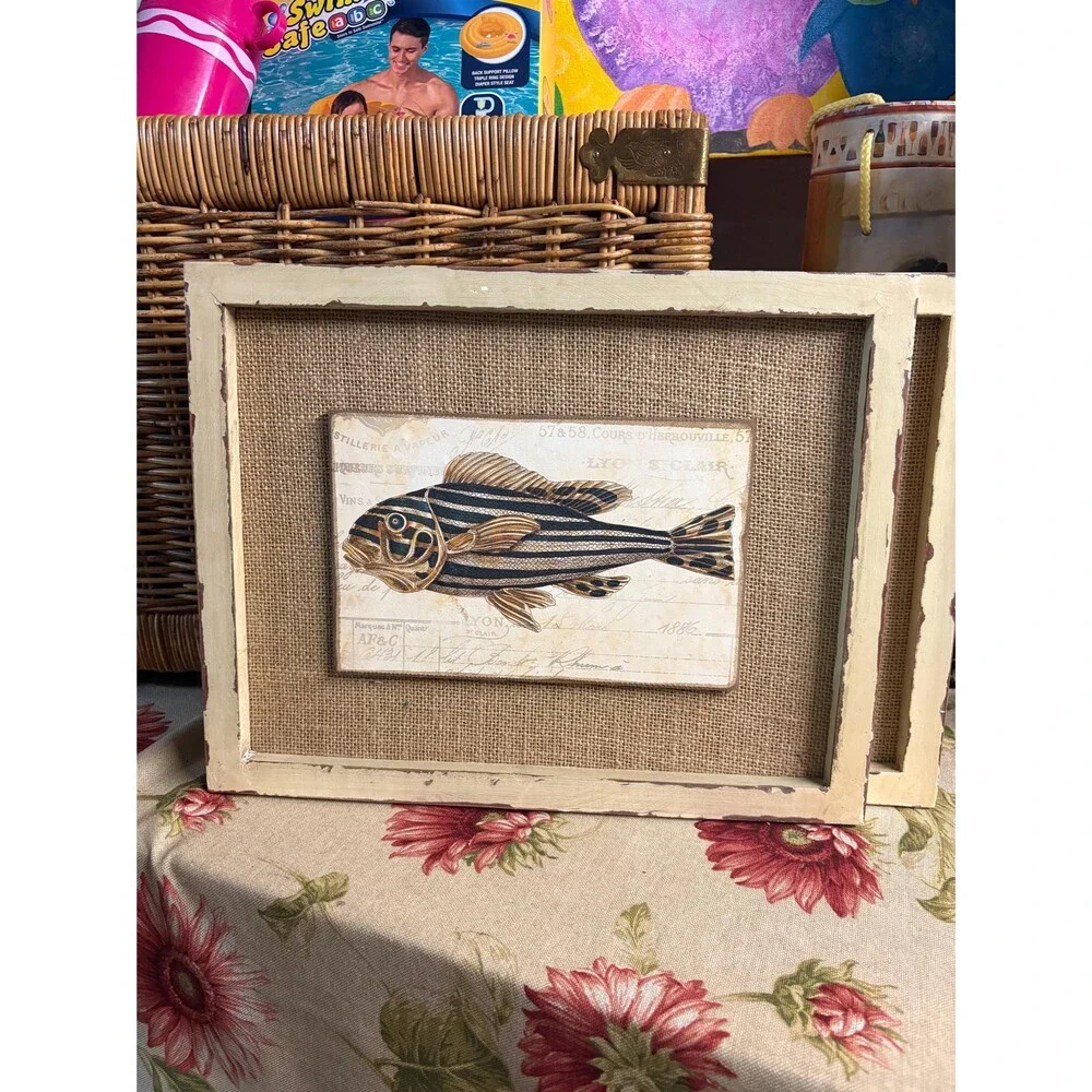 Rustic Coastal Fish Wall Art | Framed Nautical Fish Print on Burlap | Beach Cott